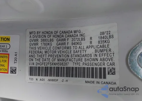 2022 Honda Civic Sport from USA, damaged, VIN 2HGFE2F5XNH598287